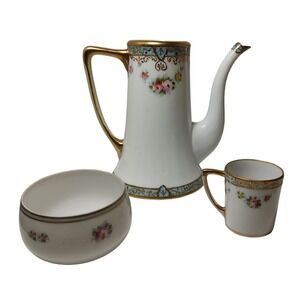 Antique Nippon Chocolate Pot Demitasse Mug Sugar Bowl Gold Moriage‎ Hand Painted